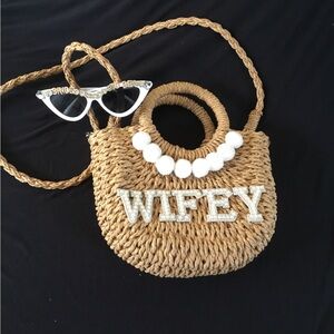 Wifey Woven Tan Handbag with White Accents bridaL